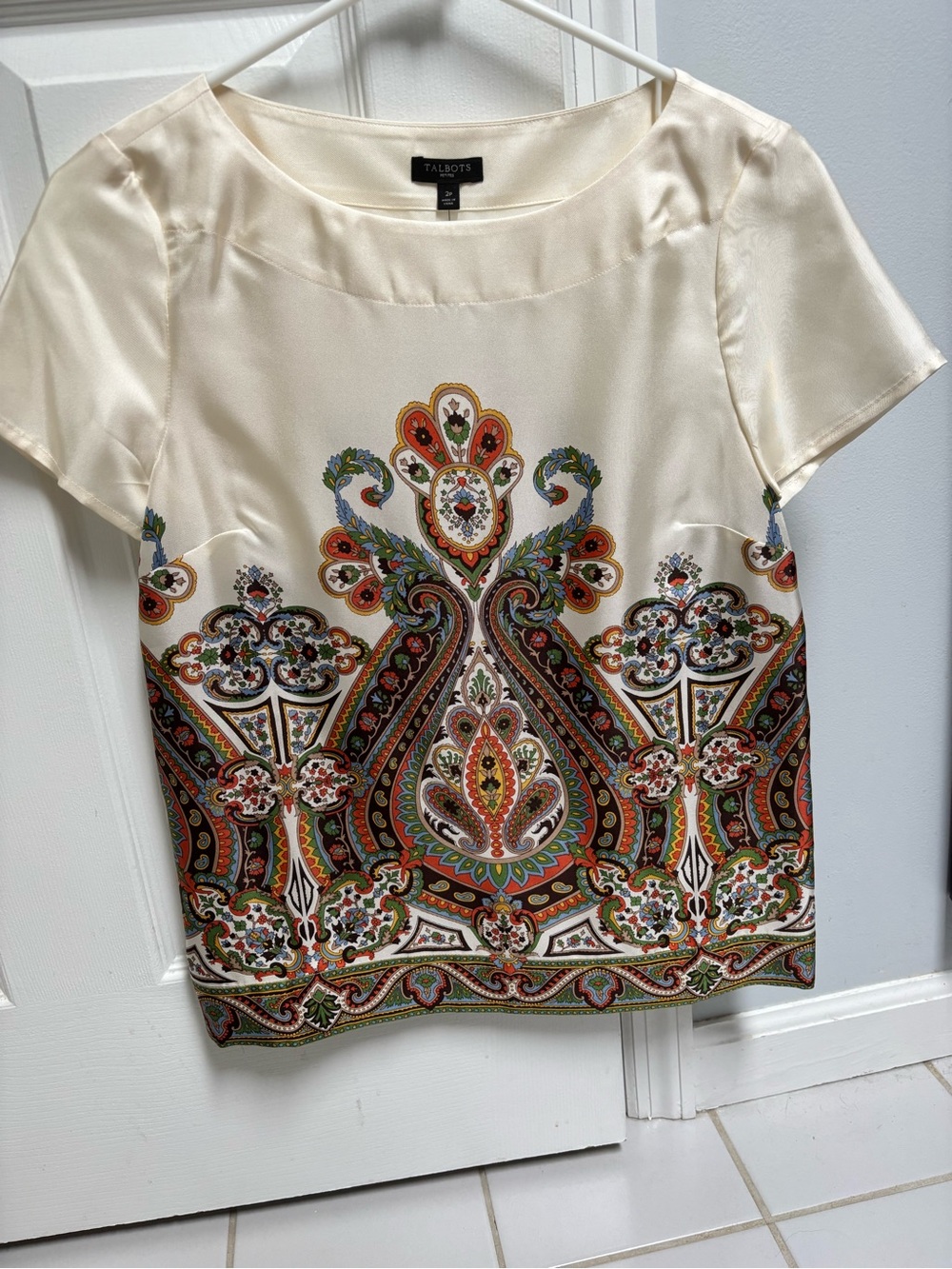 Talbots Cream Paisley-Print Short Sleeve Silk Blouse